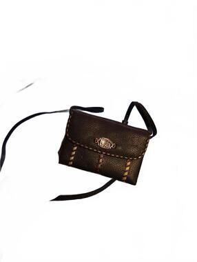 Vtg Brighton Black Leather Crossbody Purse Decorative Stitching and Silver Clasp